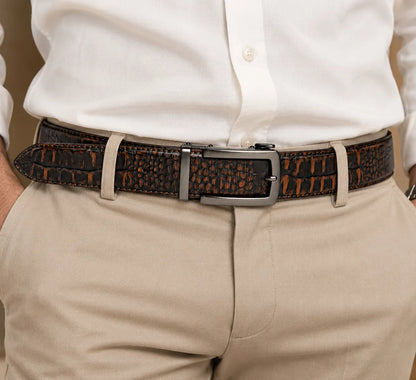 Orange Black Men Crocodile Auto Lock Leather Belt