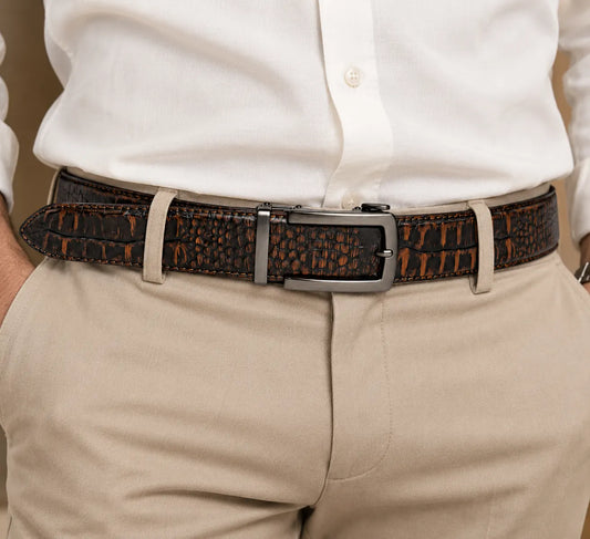 Orange Black Men Crocodile Auto Lock Leather Belt