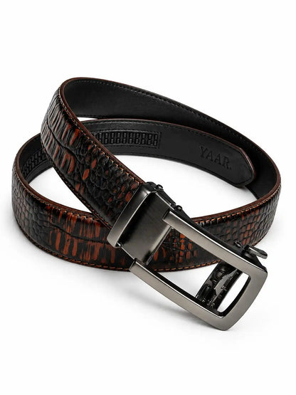 Orange Black Men Crocodile Auto Lock Leather Belt