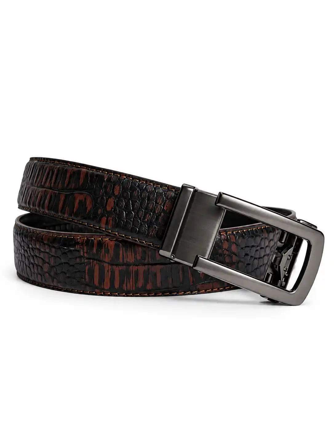 Orange Black Men Crocodile Auto Lock Leather Belt